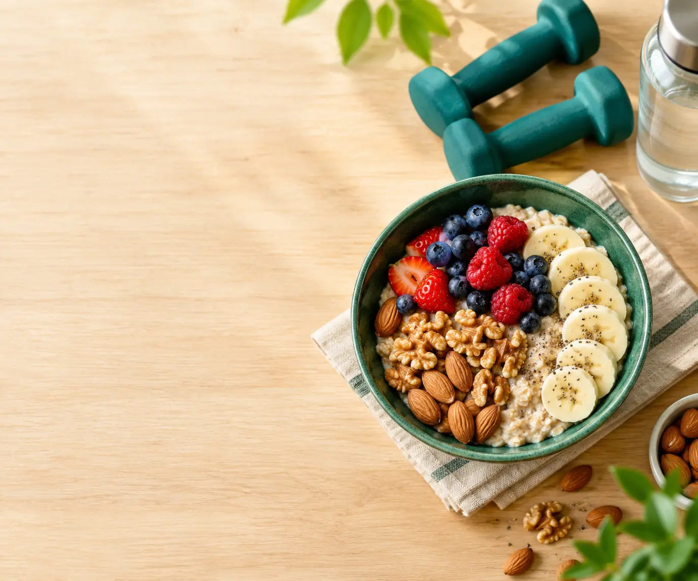 Healthy breakfast bowl with nuts and fruit next to a pair of dumbbells